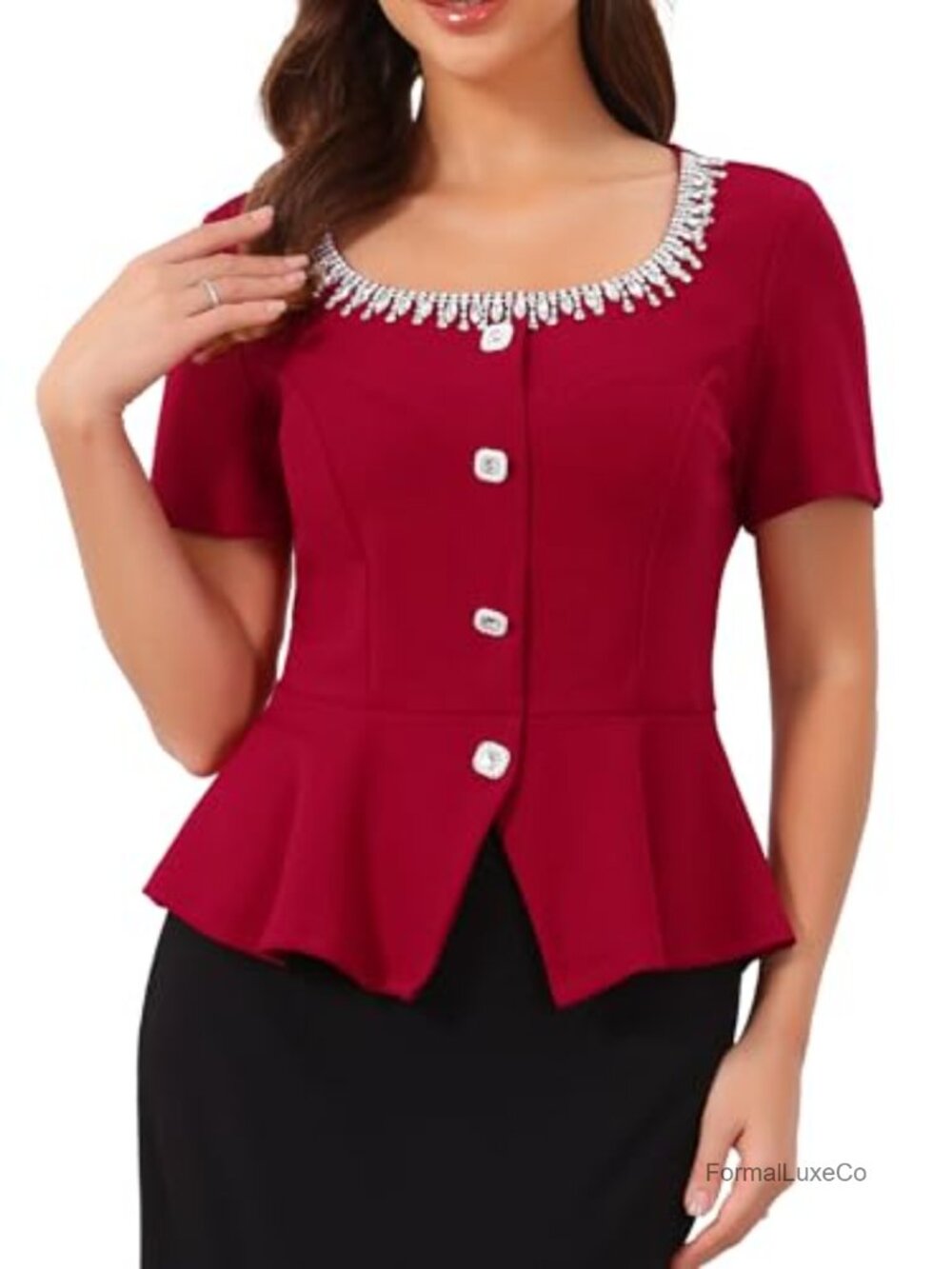 Women's Peplum Top Beaded Rhinestone Square Neck Puff Sleeve Formal Blouse